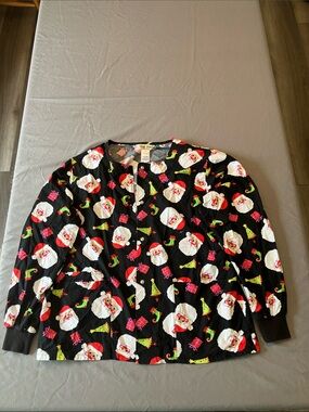 Holiday Santa Print Black Women's Button-Front Scrub Top